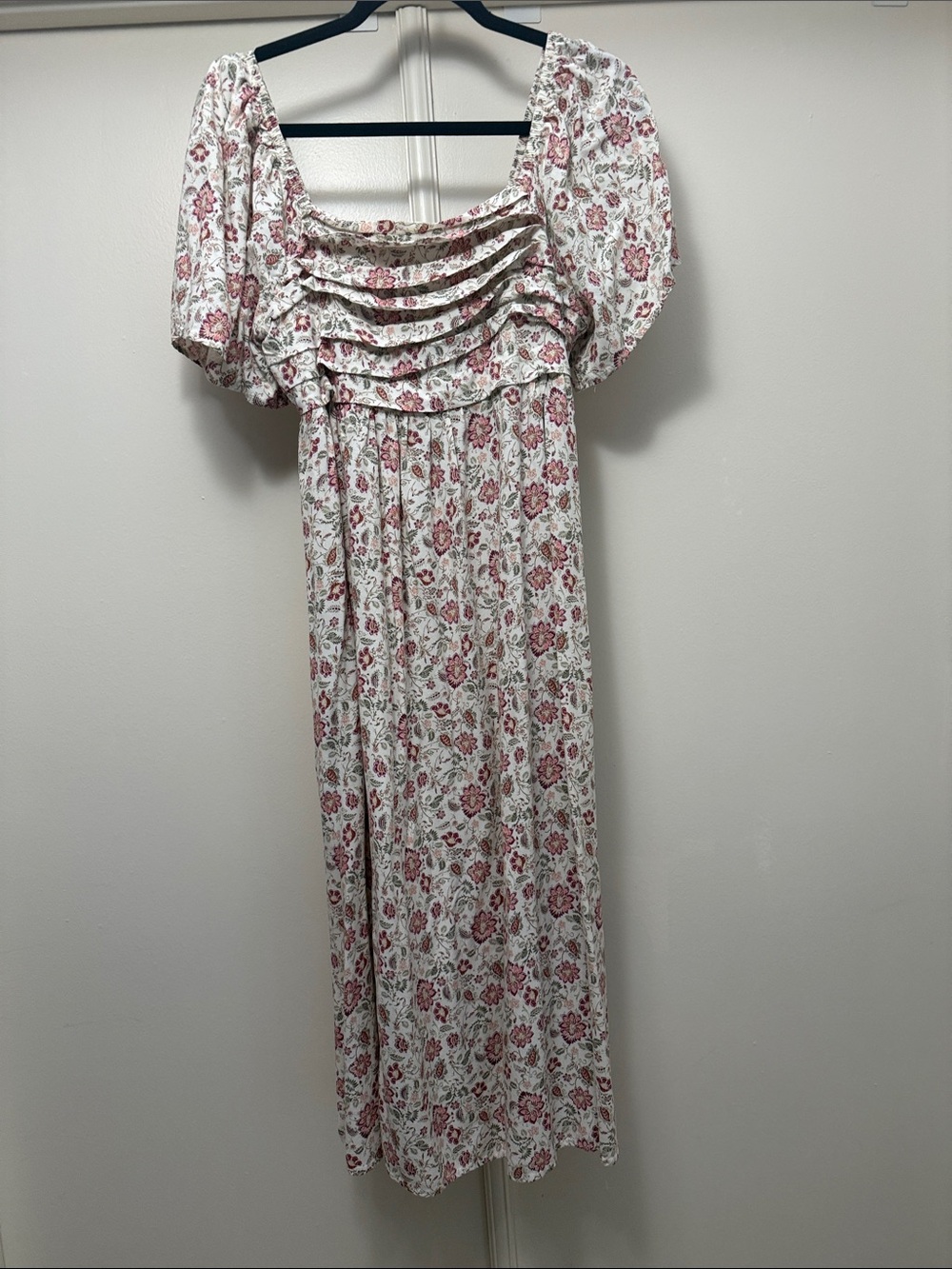 Maurices White Maxi Dress with Rose Pink Floral Print | Size L